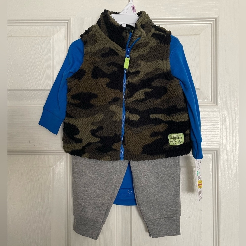 NWT Carters Three Piece Set Camouflage Vest with Blue Shirt and Gray Pants6-9 mo